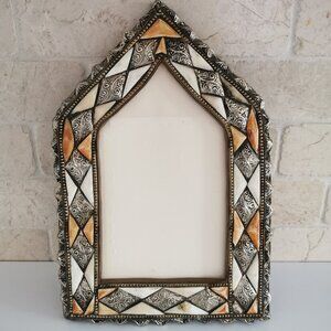 Moroccan Picture Frame Bone Inlay Metalwork Ornate Hammered Metal Embossed